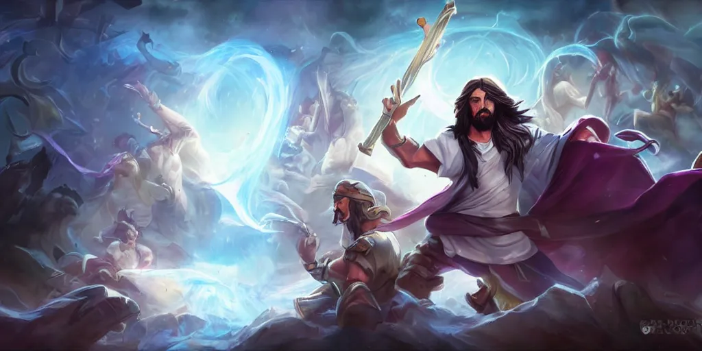 Image similar to jesus splash art as a league of legends character, digital art, riot games