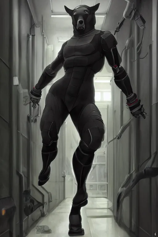 Image similar to a exaggeratedly muscled black - coated anthropomorphic horse wearing a skintight tactical clothing, test subject supersoldier, in a corridor of a research facility, game character, highly detailed, digital painting, artstation, concept art, illustration, art by artgerm, greg rutkowski, wlop