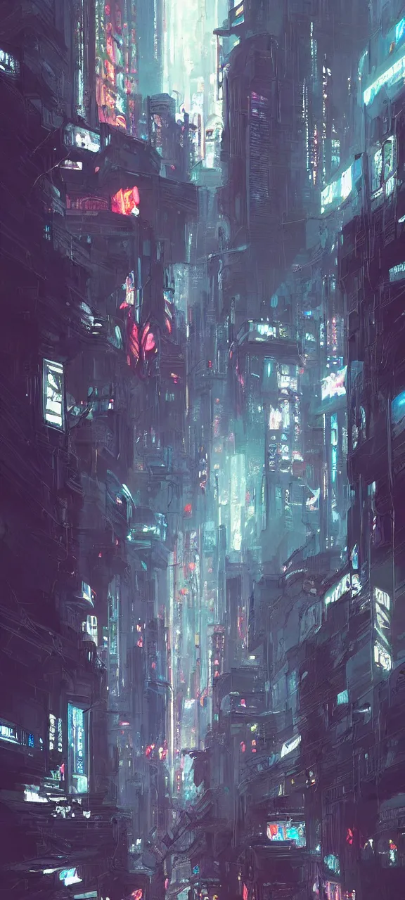 Image similar to A painting of a Cyberpunk City trending on artstation in the style of Greg Rutkowski