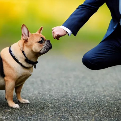 Prompt: a french bulldog giving a shiba inu in a suit a high five, photorealistic, nikon d 7 8 0, high definition, sharp focus, bokeh, smooth, highly detailed, espn sports photography