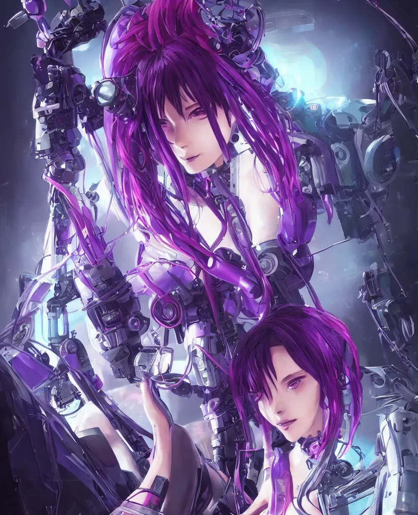 Image similar to A beautiful painting of a cyberpunk anime girl with purple hair and an a huge robot arm sensual stare, augmentations and cybernetic enhancements neon circuits, by Stanley Artgerm Lau, WLOP, Rossdraws, James Jean, Andrei Riabovitchev, Marc Simonetti, and Sakimichan, trending on artstation, hyperrealist, cinema4D, 8k highly detailed ❤️‍🔥 🔥 💀 🤖 🚀