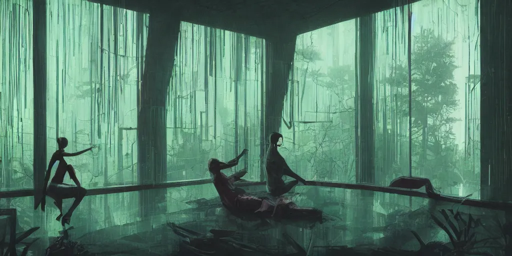 Image similar to 90s interior with organic windows, forest outside, in the style of Peter Chung, figures, bright fluorescent lights, neon colors, cinematic, cyberpunk, smooth, chrome, lofi, nebula, calming, dramatic, fantasy, by Moebius, by zdzisław beksiński, fantasy LUT, studio ghibli, high contrast, epic composition, sci-fi, dreamlike, surreal, angelic, 8k, unreal engine, hyper realistic, fantasy concept art,