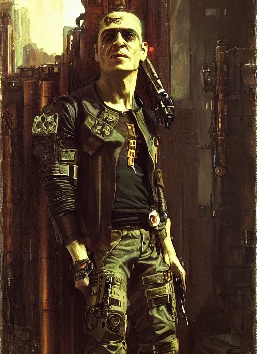 Image similar to frankenstein. cyberpunk mercenary wearing a military vest and combat jumpsuit. (Cyberpunk 2077, bladerunner 2049). Iranian orientalist portrait by john william waterhouse and Edwin Longsden Long and Theodore Ralli and Nasreddine Dinet, oil on canvas. Cinematic, vivid colors, hyper realism, realistic proportions, dramatic lighting, high detail 4k