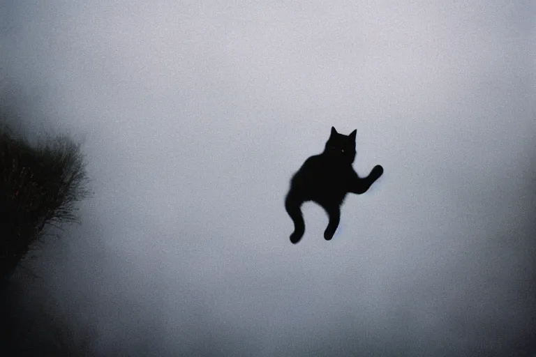 Image similar to black cat jumping out of thick white fog, 35mm film, lomography