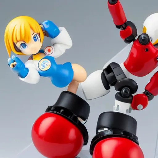 Image similar to photo of figma figures in a diorama : : roll is repairing computers in dr. light's laboratory. roll is a cute female ball - jointed robot ( in the style of mega man ) who has blonde hair with bangs and a ponytail tied with a green ribbon. she is wearing a red one - piece dress with a white collar, and red boots.