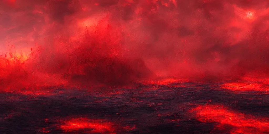 Image similar to a boiling and flaming red sea, illustration, raining, dark and moody lighting, at night, digital art, oil painting, fantasy, 8 k, trending on artstation, detailed