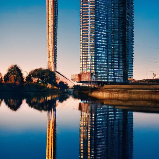 Prompt: futuristic science fiction magical building towering above the river, reflection on the water, beautifully lit, by Alena Aenami