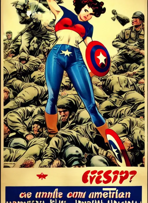 Prompt: beautiful female captain america standing on a pile of defeated german soldiers. feminist captain america wins wwii. american wwii propaganda poster by james gurney. anime.