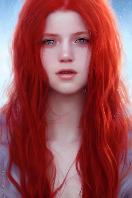 Image similar to beautiful cute red haired joyful and playful 1 9 year old maiden, full portrait, long hair, sci - fi, fantasy, intricate, elegant, digital painting, artstation, concept art, smooth, sharp focus, 8 k frostbite 3 engine, ultra detailed, art by artgerm and greg rutkowski and magali villeneuve
