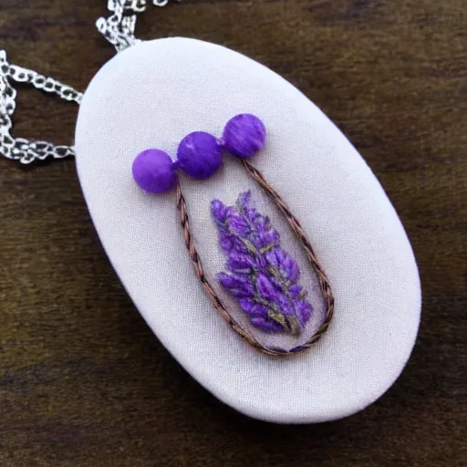 Prompt: solidity and eternity embroidered lavender necklace with jade stone, hyper realistic