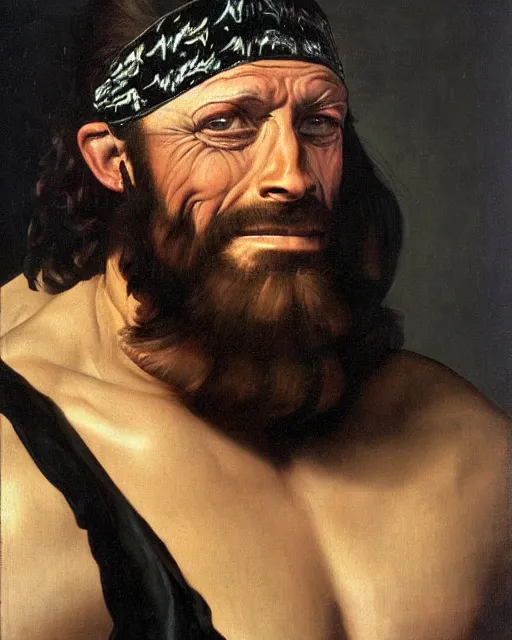 Prompt: a portrait of macho man randy savage painted by caravaggio, oil painting, highly detailed