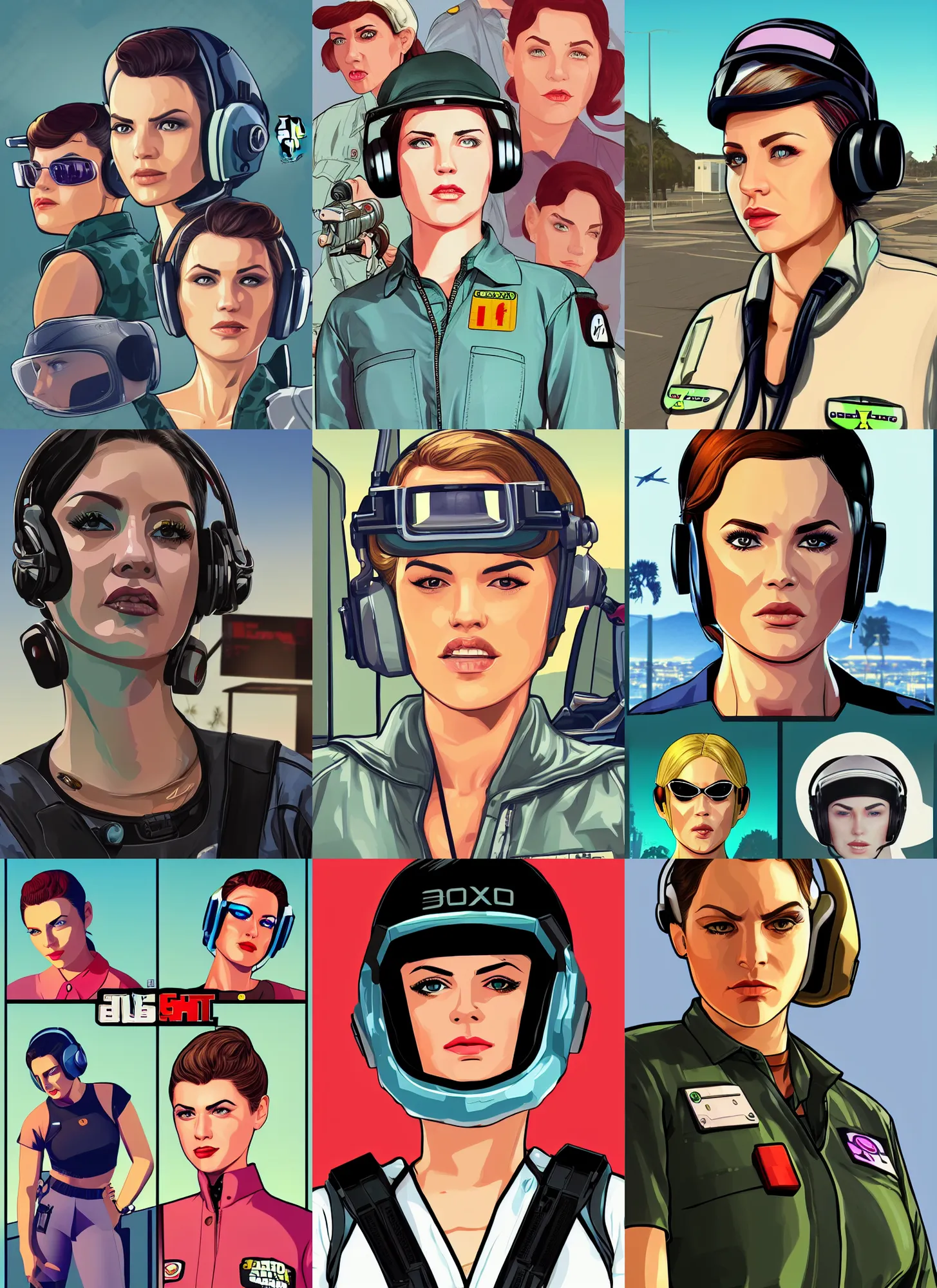 Prompt: boxart, gta 5, cell shaded, flat color, beautiful retro sci - fi female pilot beautiful face