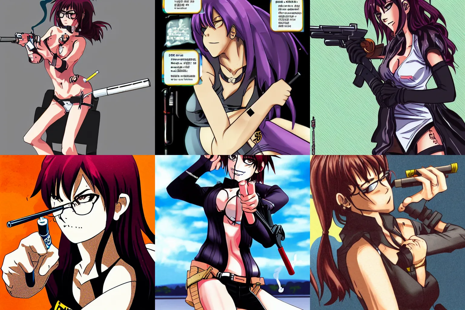 Prompt: Revy from Black Lagoo aiming her gun while smoking a cigarette by Kei Hiroe and Madhouse