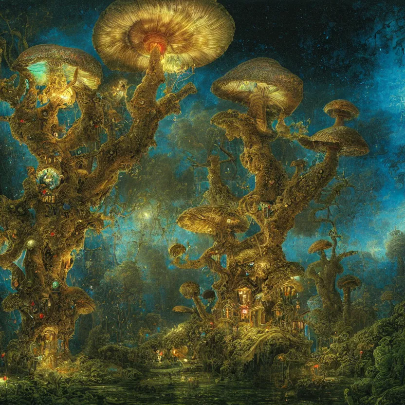 Prompt: a close - up rococo portrait of a futuristic iridescent mushroom village standing in water, moss, and swamp. fireflies night time. rich blue and deep emerald colors, high contrast. gloomy, highly detailed 1 8 th century sci - fi fantasy masterpiece painting by jean - honore fragonard, moebius, and johfra bosschart. artstation