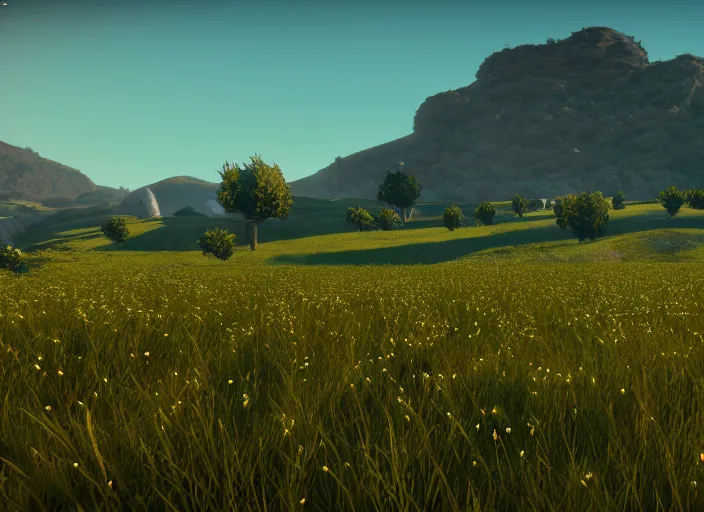 Image similar to fields full of flowers and blue sky with hills in the background. Intricate. Very detailed 8k. Fantasy horror. Sharp. Cinematic post-processing. Unreal engine. Nanite. Ray tracing. Parallax. Tessellation