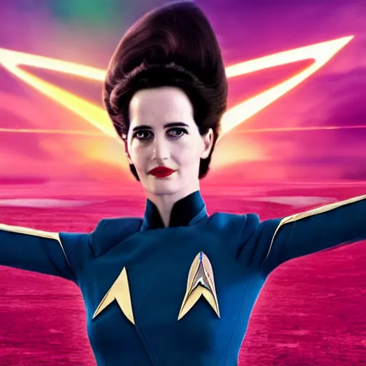Image similar to a full body portrait of eva green as a vulcan star fleet officer from star trek next generation dressed in full uniform, ultra rendered extreme realism and detail, 8 k, highly detailed, realistic, completely framed, hyper realistic, colorful, direct lighting, 3 5 mm photo, photorealistic, sharp focus