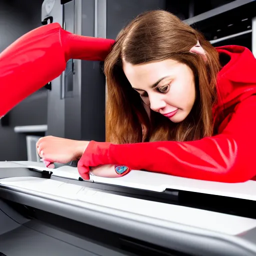 Prompt: red hooded sexy girl having trouble getting the printer going, high detail