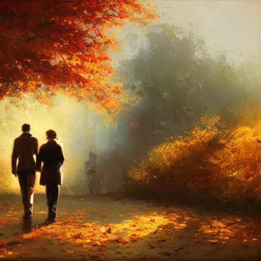 Image similar to a romantic walk in fall, warm, nostalgic, craig mullins