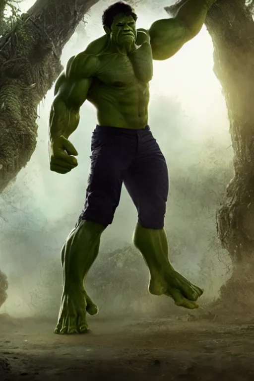 Image similar to chadwick booseman dressed like the hulk, 8 k, hdr, great light, by greg rutkowski and annie leibowitz