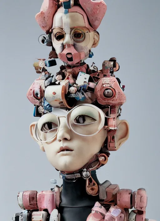 Prompt: editorial photograph for an art magazine, photograph of a contemporary art sculpture of a modular quirky yorha android, by hikari shimoda, by jack gaughan