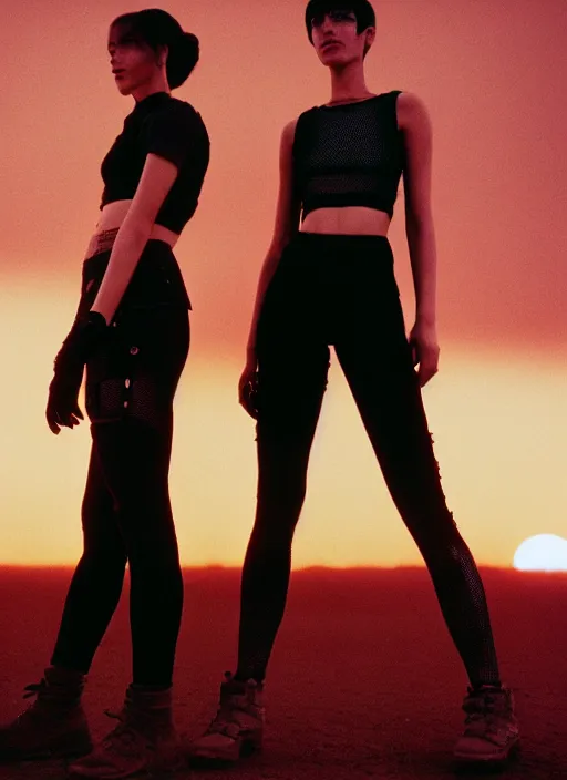 Prompt: cinestill 5 0 d photographic portrait of two loving female androids wearing rugged black mesh techwear crop top on a desolate plain with a red sky, extreme closeup, modern cyberpunk, dust storm, 8 k, hd, high resolution, 3 5 mm, f / 3 2, ultra realistic faces, ex machina, blade runner