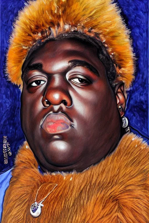 Image similar to a portrait of biggie smalls wearing boho - chic style clothes, with a fur muffler, full body!!, realistic painting in egon schiele style, masterpiece, hyperdetailed, complex, intricate, 4 k, hyperrealistic, trending on artstation