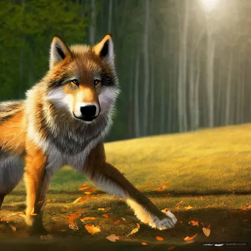 Prompt: professional stylized full - body digital art of a side profile of a tibetan wolf, light brown and tan fur, fluffy, falling leaves, hd, 8 k, highly detailed, high quality, cute
