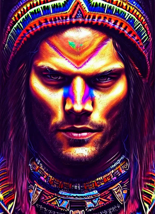 Image similar to portrait of jared padalecki, hyper detailed ultra sharp aztec shaman warrior. trending on artstation, warpaint aesthetic, bloodwave, colorful, psychedelic, ornate, intricate, digital painting, concept art, smooth, sharp focus, illustration, art by artgerm and greg rutkowski and h. r. giger, 8 k