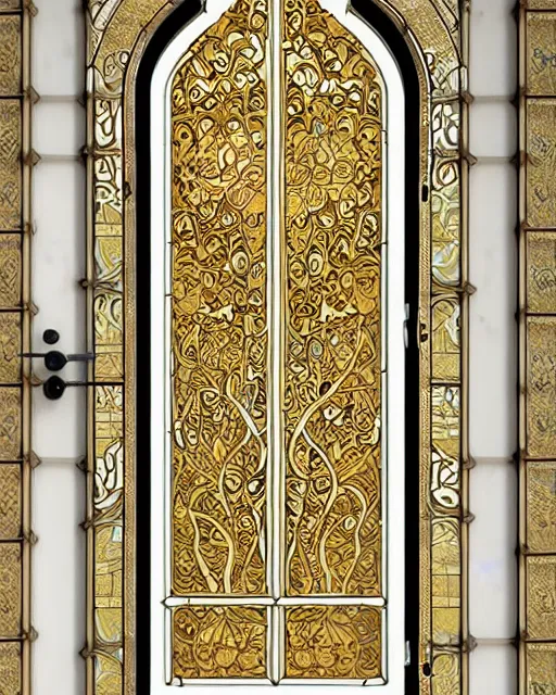 Prompt: stained - glass door with intricate carved ivory rococo gilded design, oriental art, artstation, leiji matsumoto, sylvain sarrailh