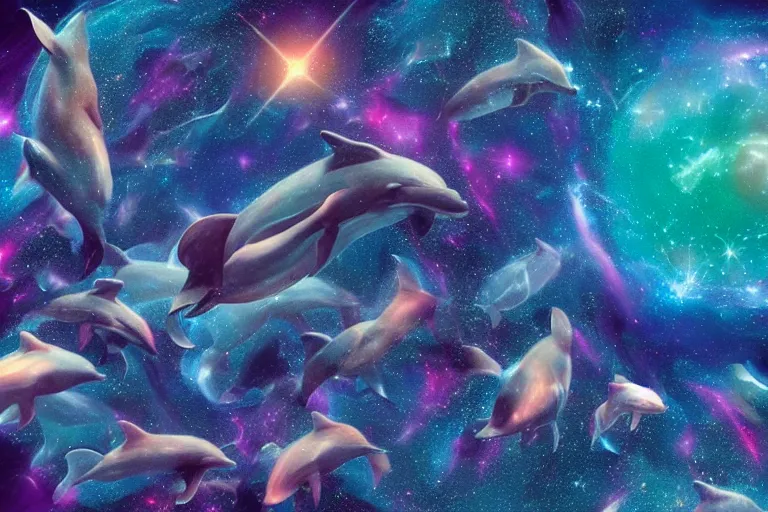 Image similar to a group of cosmic dolphins swimming and jumping out of a ocean of the cosmos, epic composition, 4 k