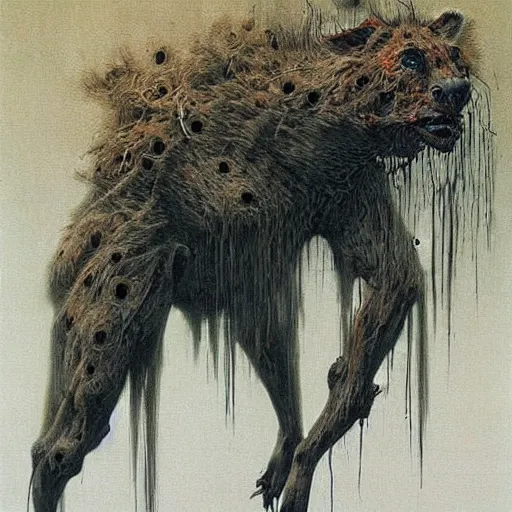 Image similar to horrific grotesque spider and hyena hybrid, beksinski style painting, highly detailed