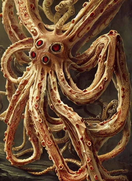 Prompt: magic octopus with translucent skin, visible muscles and veins and arteries and bones and spines and nerves, beautiful detailed intricate insanely detailed octane render, 8k artistic photography, photorealistic, chiaroscuro, by David Cronenberg, Raphael, Caravaggio