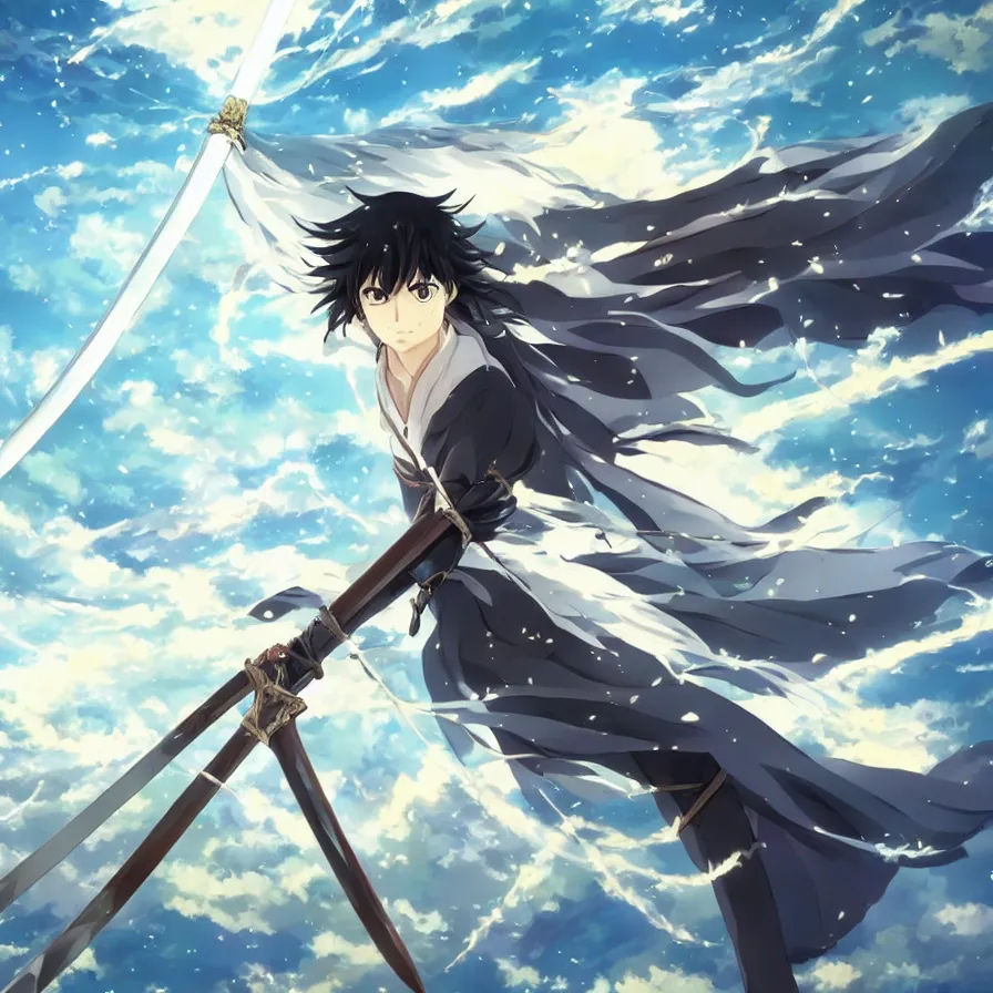 Prompt: anime art of a sword channeling wind and energy, fantasy, kawacy, makoto shinkai