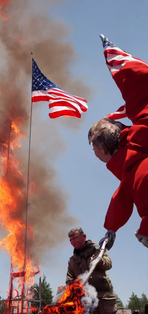 Image similar to american flag being burnt as a much larger USSR flag is being raised up instead, realistic, 4K, real,