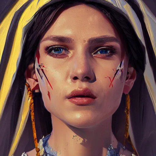 Image similar to Portrait of a Greek Woman in Hellenic dress, oil painting by Cedric Peyravernay, highly detailed, cinematic concept art, dramatic lighting, trending on Artstation