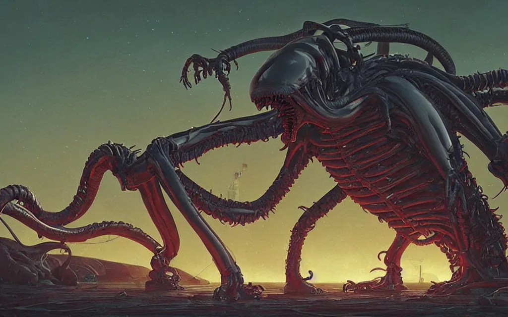 Prompt: A greasy Xenomorph. Digital art, Simon Stålenhag, despair.