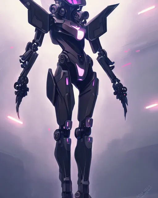 Prompt: uncropped stealthy feminine mecha ( with futuristic jet armor and wings ) with a heart visor helmet, symphogear, full body character portrait, hi - tech, trending on artstation, goth armor, digital painting, concept art, sharp focus, illustration, art by wlop and greg rutkowski