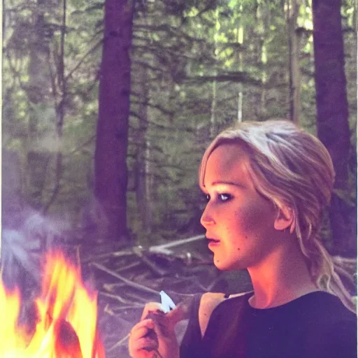 Image similar to polaroid shot of jennifer lawrence smoking a joint at a campfire