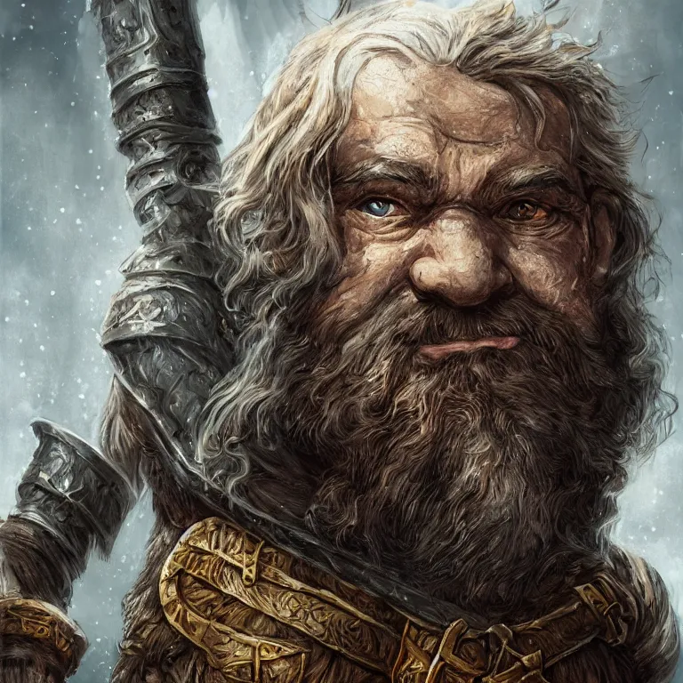 Image similar to dwarf warrior in mountain, lord of the rings style, fantasy, poster, character portrait, portrait, close up, concept art, intricate details, highly detailed, full body, 8 k