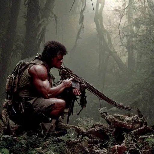 Image similar to stunning awe inspiring rambo fighting predator, movie still 8 k hdr atmospheric lighting