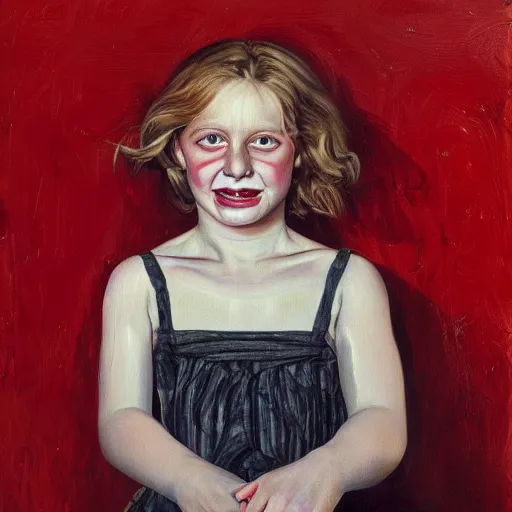 Image similar to high quality high detail painting by lucian freud, hd, beautiful young girl portrait, demonic smile, alizarin crimson and white, photorealistic lighting