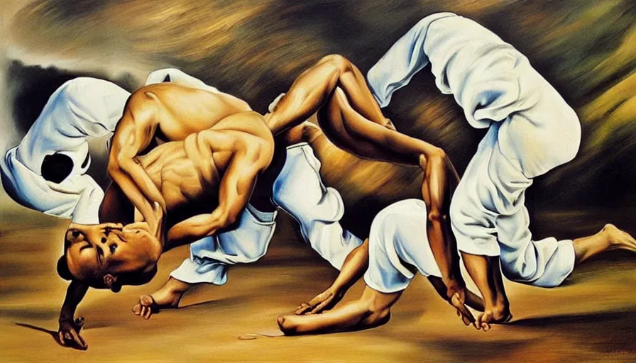 Prompt: capoeira, hyper realistic painting by salvador dali