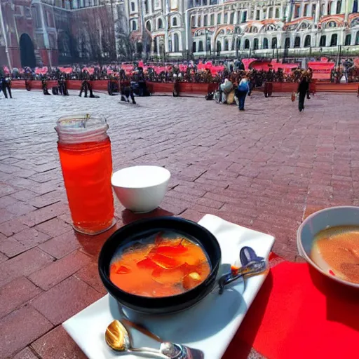 Image similar to Dragon for tales eating russian borsch soup on the Red Square,