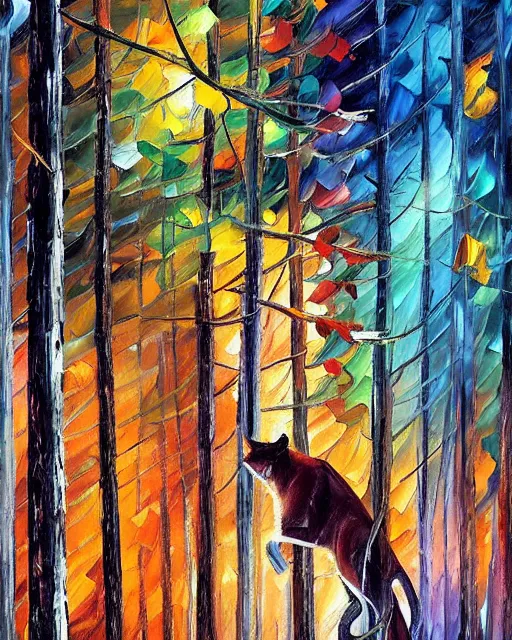 Image similar to cougar in forest at night, shot from drone, grainy, artwork by leonid afremov