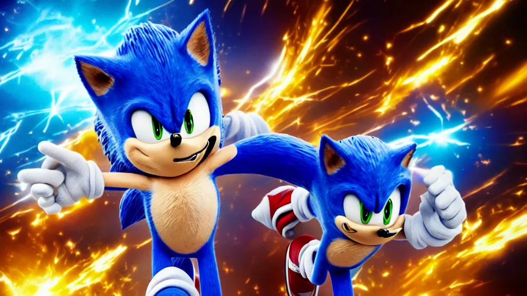 Prompt: Sonic the Hedgehog is a beautiful human woman, film promotional still, CGI, lens flares, cinematic, michael bay, dramatic lighting, explosions, highly detailed, 4k, photorealistic