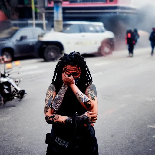 Image similar to Cinestill 50d candid extreme wide shot of a poor techwear mixed woman wearing makeup crying outside of a futuristic city on fire, cyberpunk, tattoos, homeless tents on the side of the road, military police, 4k, extreme long shot, desaturated, full shot, action shot, blurry, 4k, 8k, hd, full color
