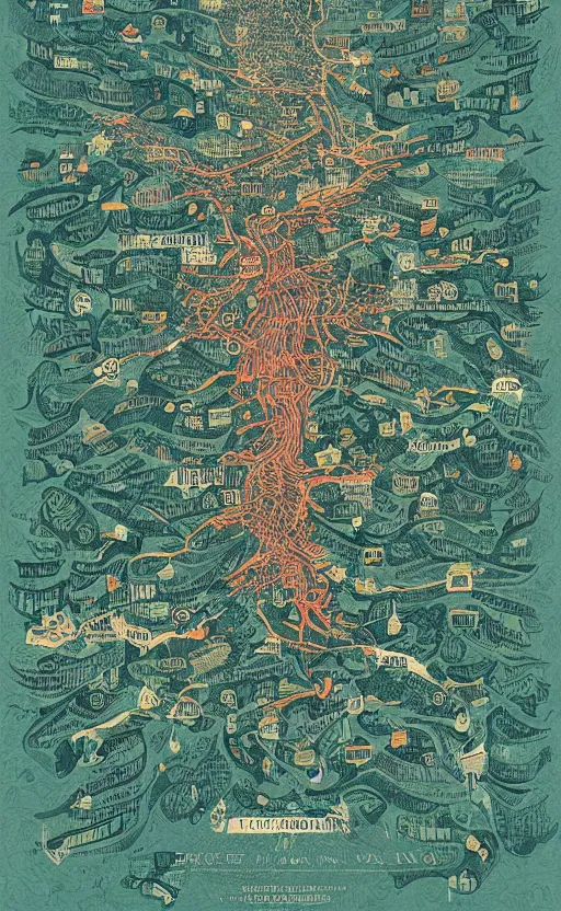 Image similar to a poster with a map on it, poster art by victo ngai, behance contest winner, environmental art, lovecraftian, intricate, infographic, marginalia, unreal engine