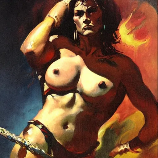 Prompt: portrait of the barbarian queen of saturn. oil on board, by frazetta.