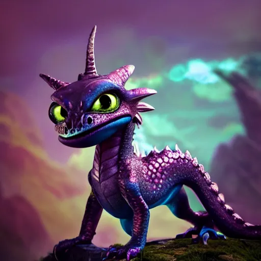 Prompt: silver metallic rainbow cute baby dragon with colorful beautiful eyes, cute dragon creature art, comic book art in the style of how to train your dragon, matte painting, octane render, character art, digital art, trending on artstation, mystical landscape, unreal engine, highly detailed