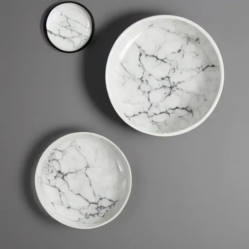 Prompt: ceramic bowl and plate on a marble shelf